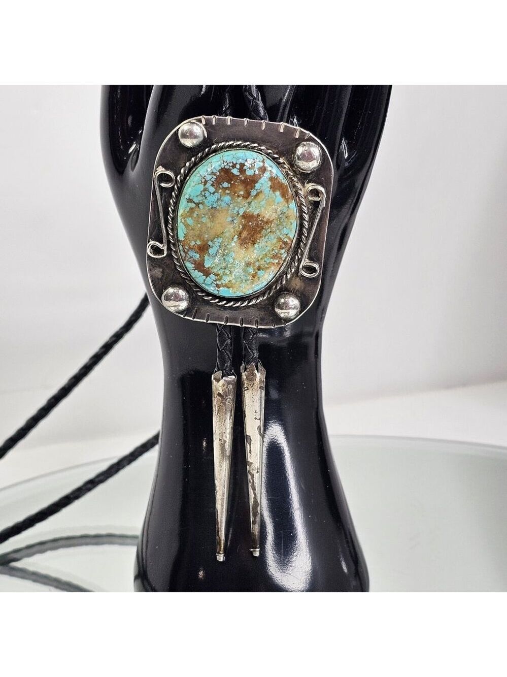 Navajo Turquoise Sterling Silver Bolo Tie Signed By Artist